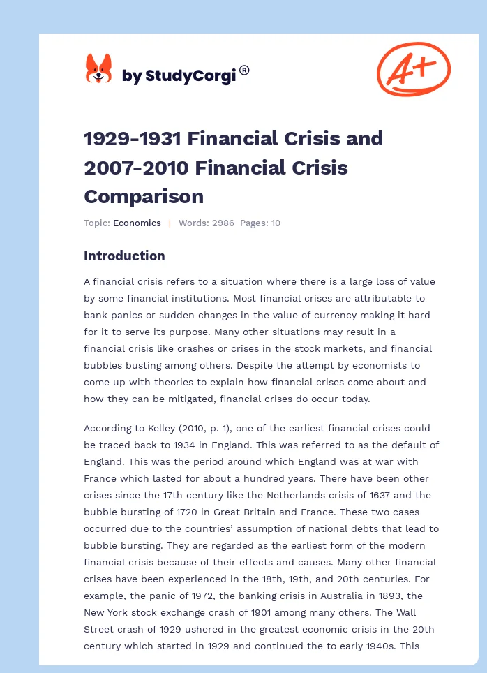 1929-1931 Financial Crisis and 2007-2010 Financial Crisis Comparison. Page 1