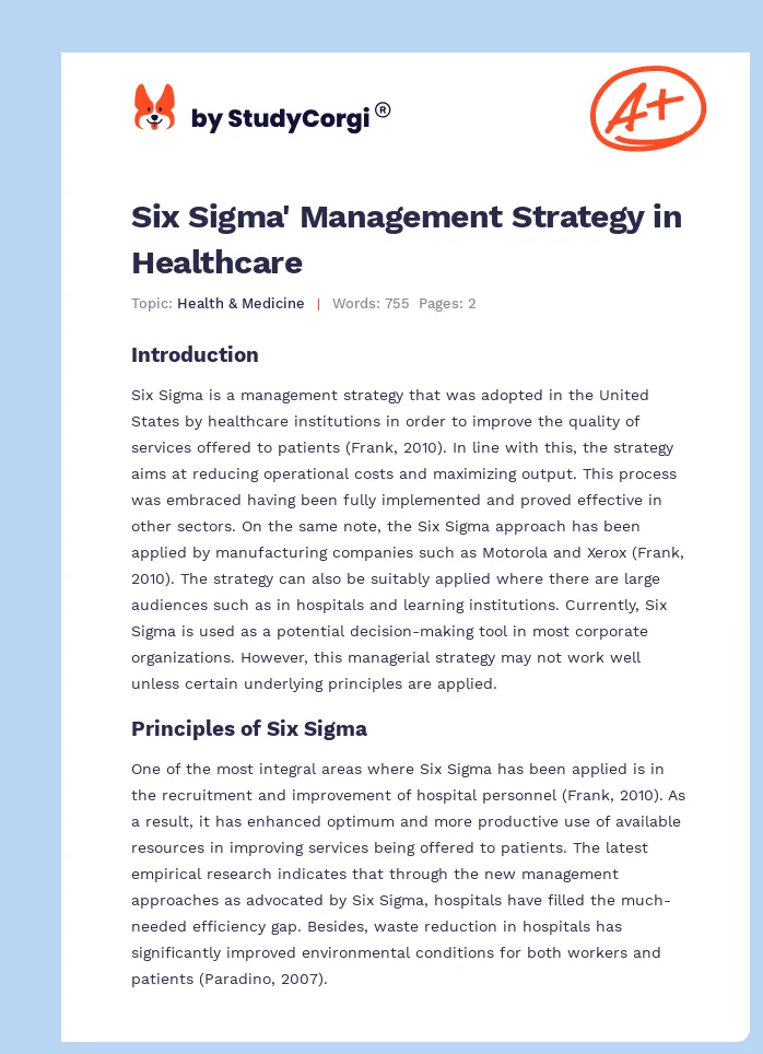 Six Sigma' Management Strategy in Healthcare. Page 1