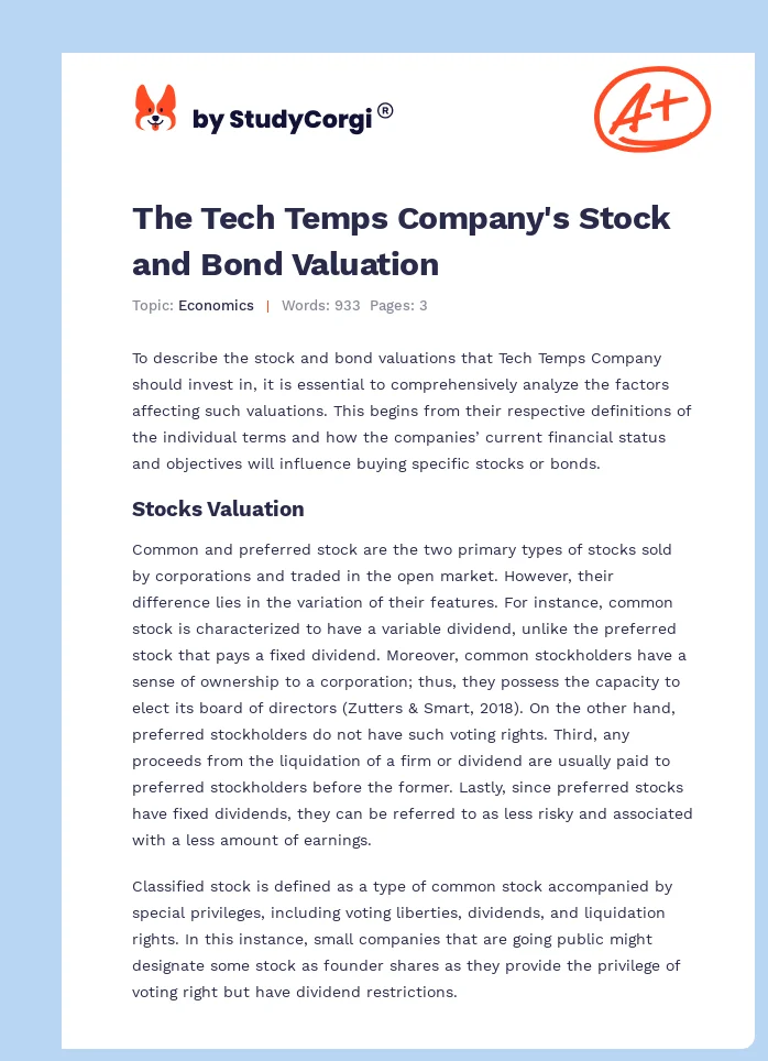 The Tech Temps Company's Stock and Bond Valuation. Page 1