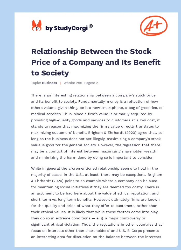 Relationship Between the Stock Price of a Company and Its Benefit to Society. Page 1
