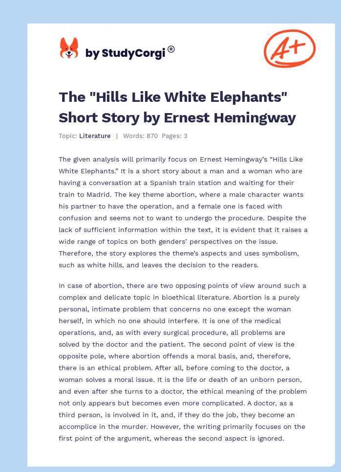 The "Hills Like White Elephants" Short Story by Ernest Hemingway. Page 1