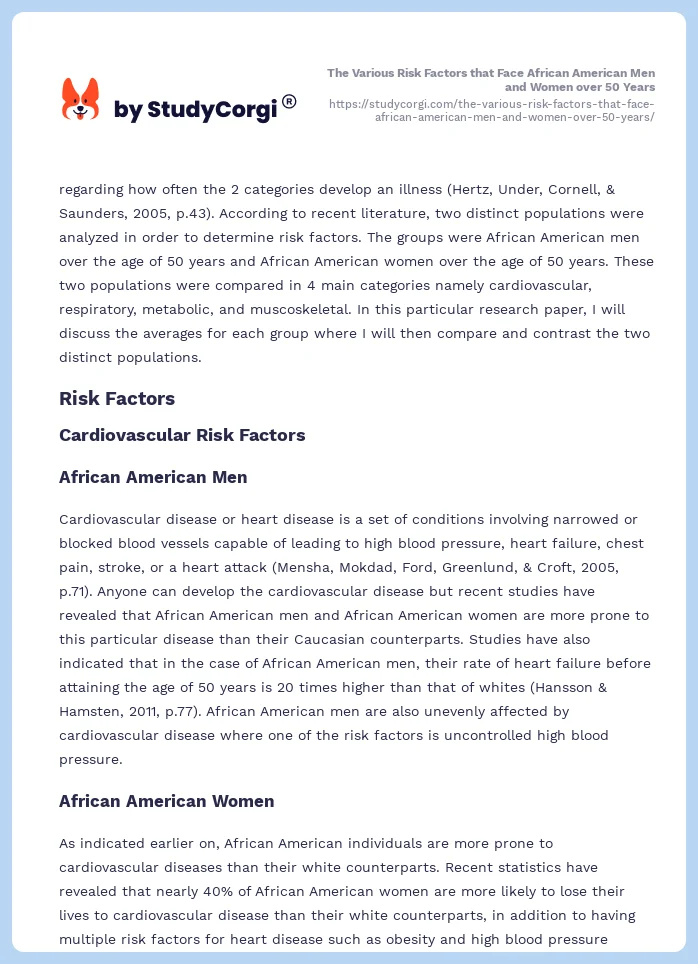 The Various Risk Factors that Face African American Men and Women over 50 Years. Page 2