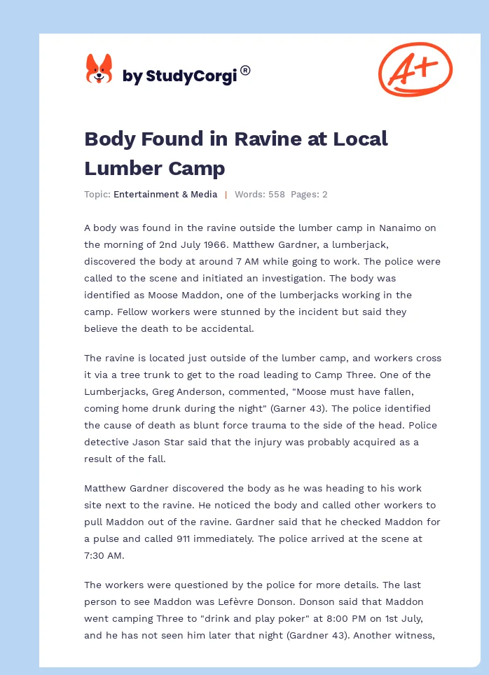 Body Found in Ravine at Local Lumber Camp. Page 1