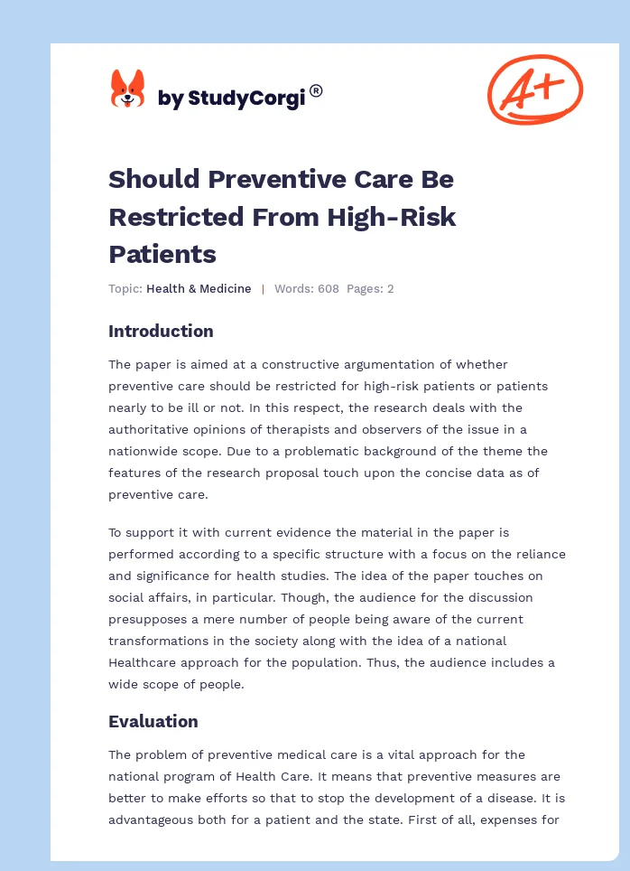 Should Preventive Care Be Restricted From High-Risk Patients. Page 1