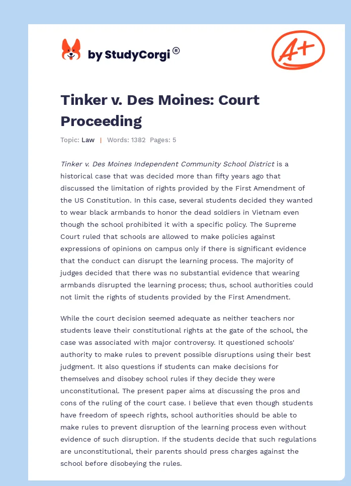 Tinker v. Des Moines: Court Proceeding. Page 1