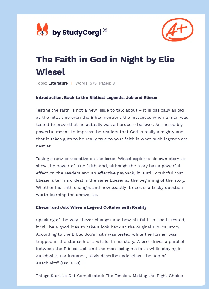 The Faith in God in Night by Elie Wiesel. Page 1