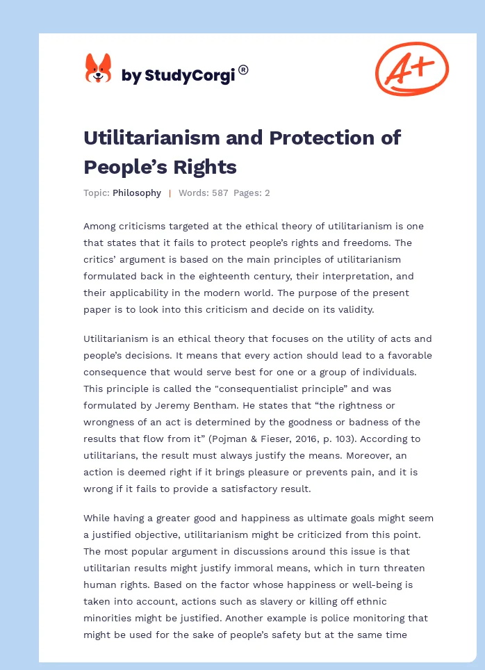 Utilitarianism and Protection of People’s Rights. Page 1
