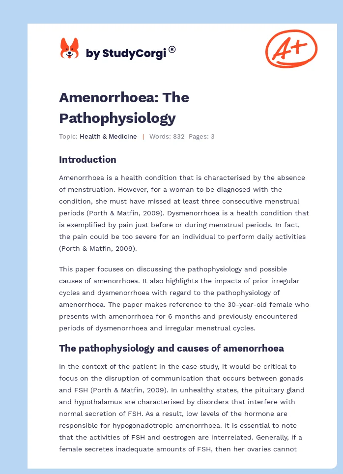 Amenorrhoea: The Pathophysiology. Page 1