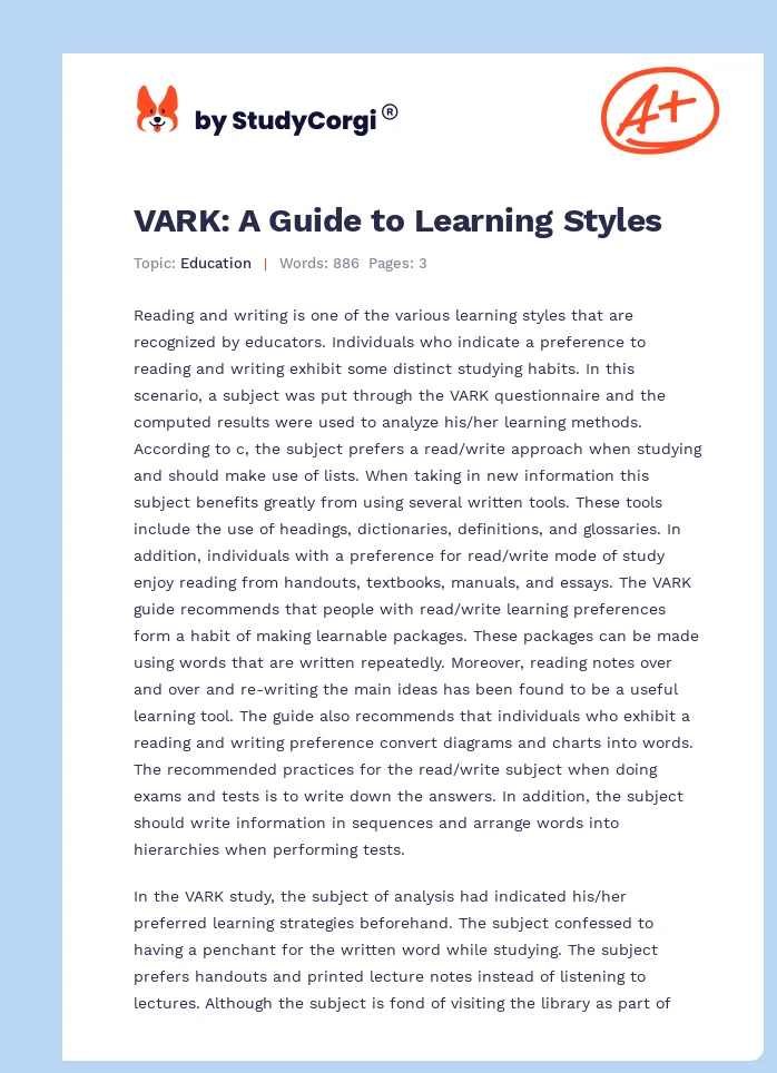VARK: A Guide to Learning Styles. Page 1