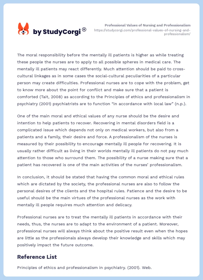 Professional Values of Nursing and Professionalism. Page 2