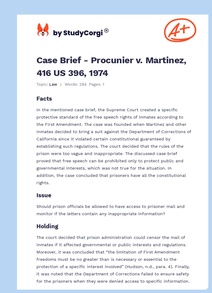 Case Brief - Procunier v. Martinez, 416 US 396, 1974. Page 1