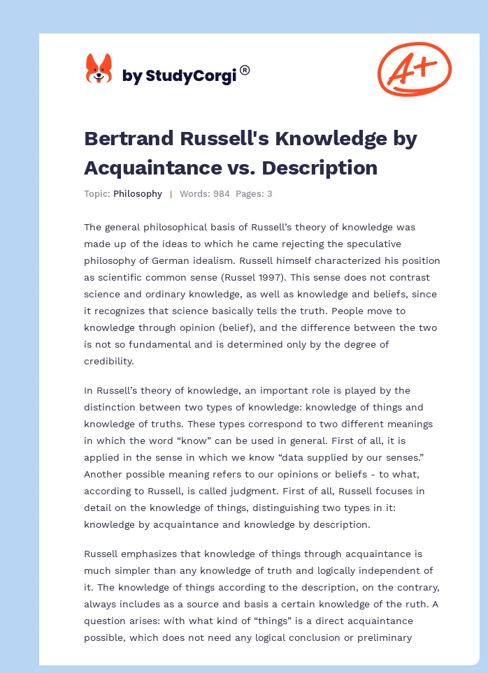 Bertrand Russell's Knowledge by Acquaintance vs. Description. Page 1