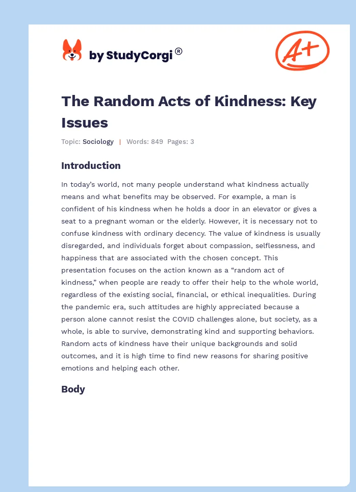The Random Acts of Kindness: Key Issues. Page 1