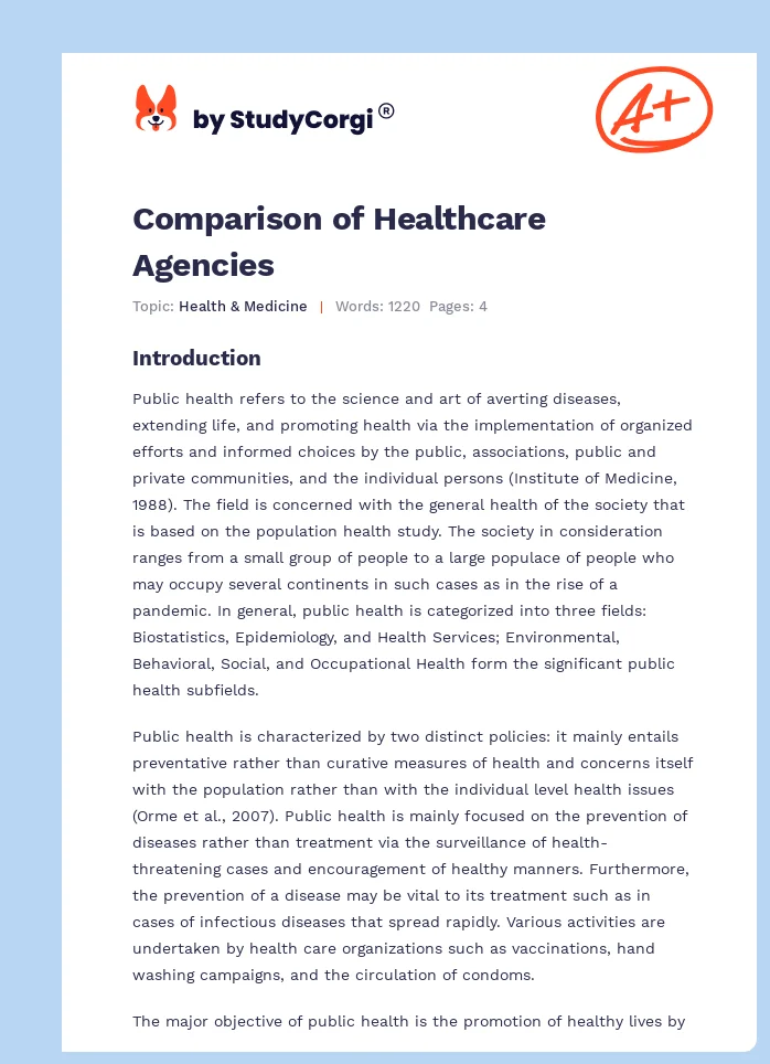 Comparison of Healthcare Agencies. Page 1