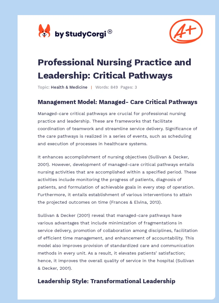 Professional Nursing Practice and Leadership: Critical Pathways. Page 1
