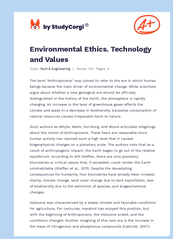 Environmental Ethics. Technology and Values. Page 1