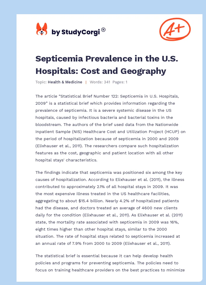 Septicemia Prevalence in the U.S. Hospitals: Cost and Geography. Page 1