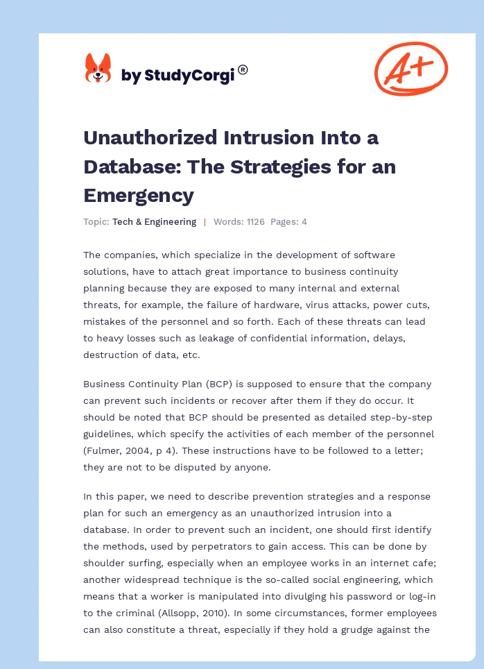 Unauthorized Intrusion Into a Database: The Strategies for an Emergency. Page 1