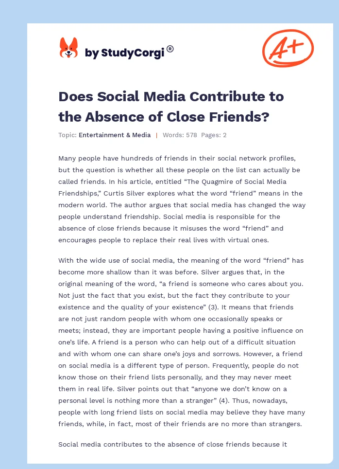 Does Social Media Contribute to the Absence of Close Friends?. Page 1