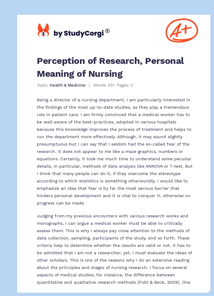 Perception of Research, Personal Meaning of Nursing. Page 1