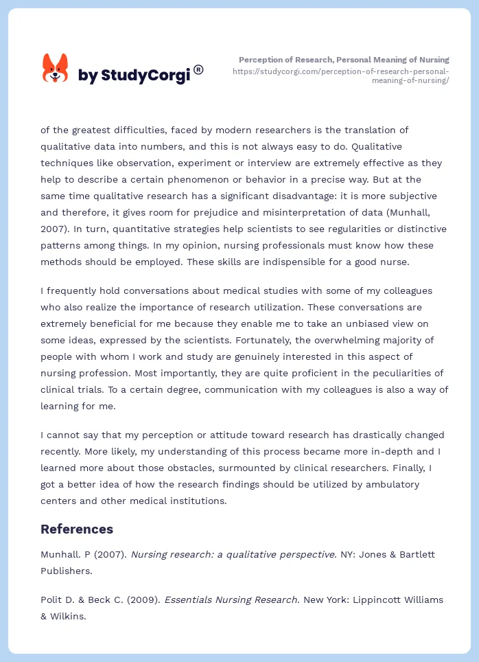 Perception of Research, Personal Meaning of Nursing. Page 2