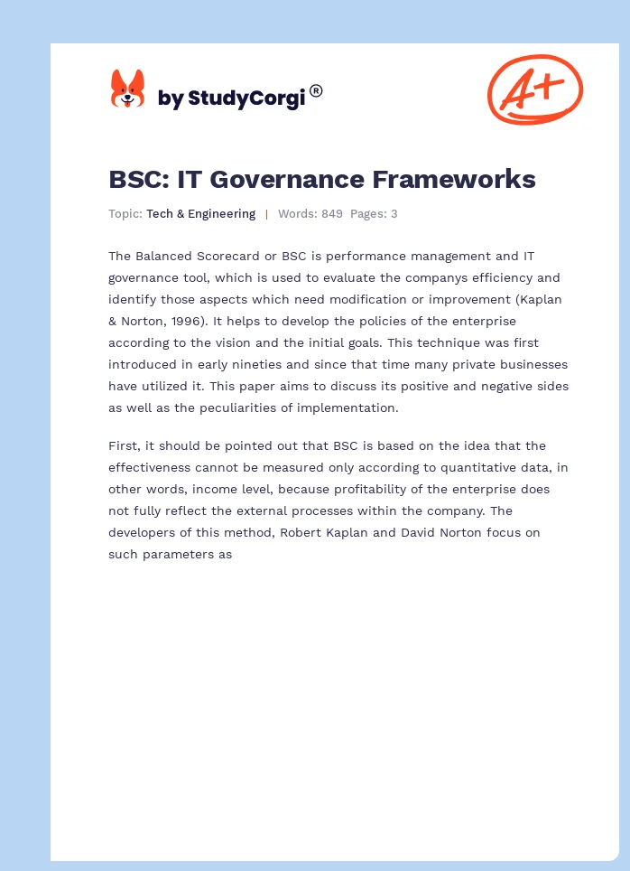 BSC: IT Governance Frameworks. Page 1