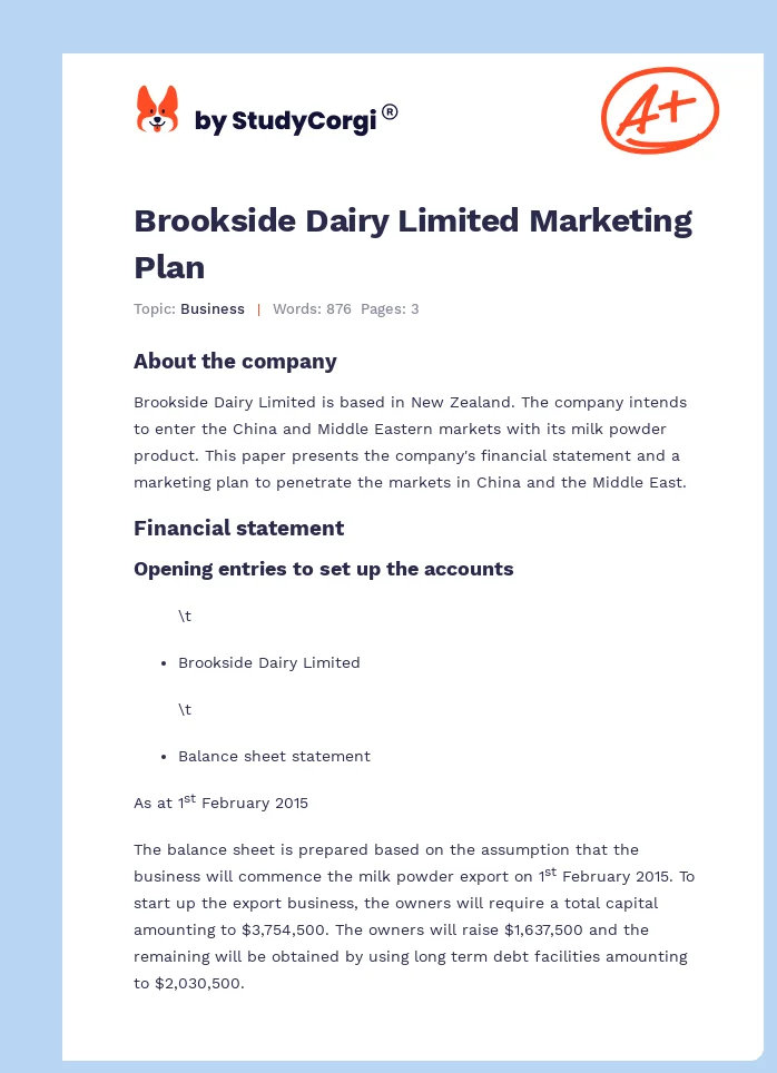 Brookside Dairy Limited Marketing Plan. Page 1