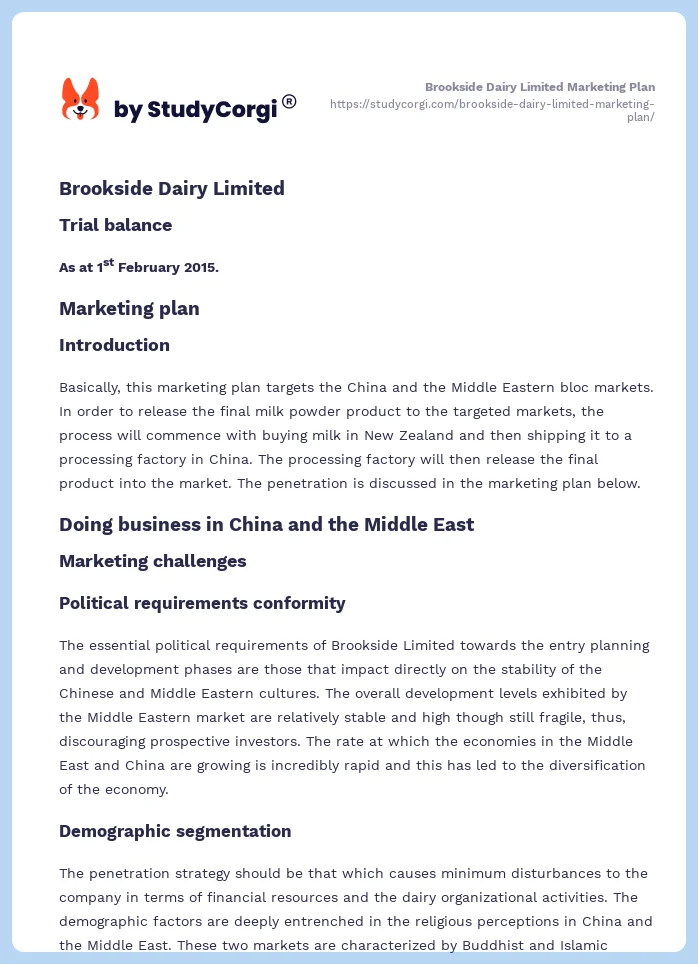 Brookside Dairy Limited Marketing Plan. Page 2