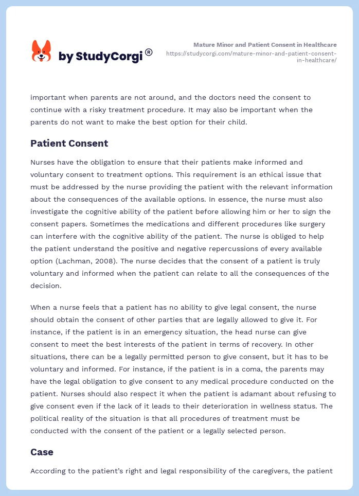Mature Minor and Patient Consent in Healthcare. Page 2
