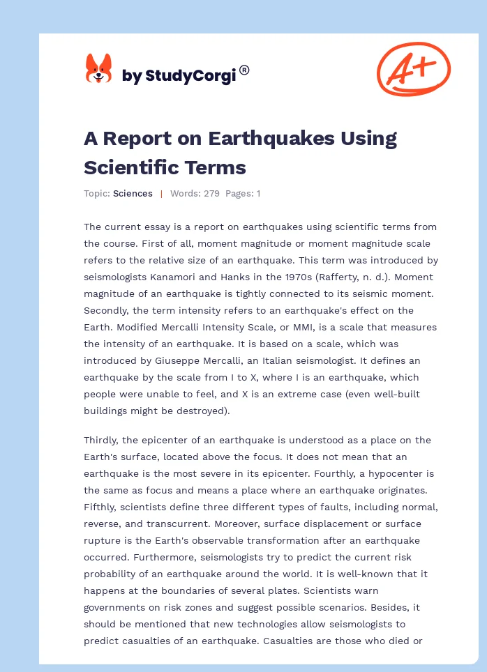 A Report on Earthquakes Using Scientific Terms. Page 1