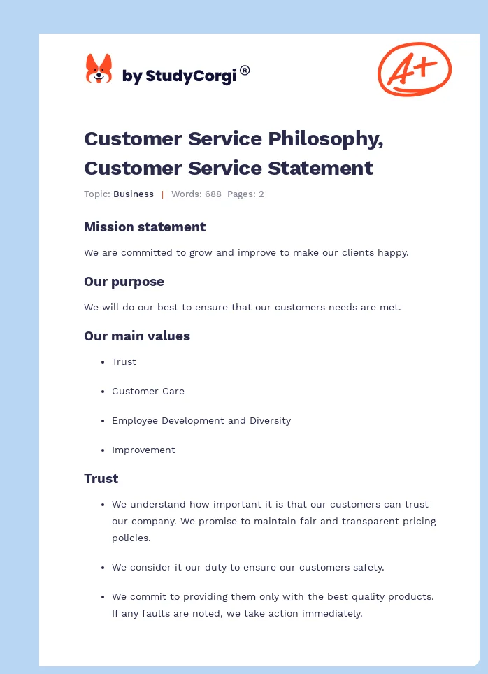 Customer Service Philosophy, Customer Service Statement. Page 1