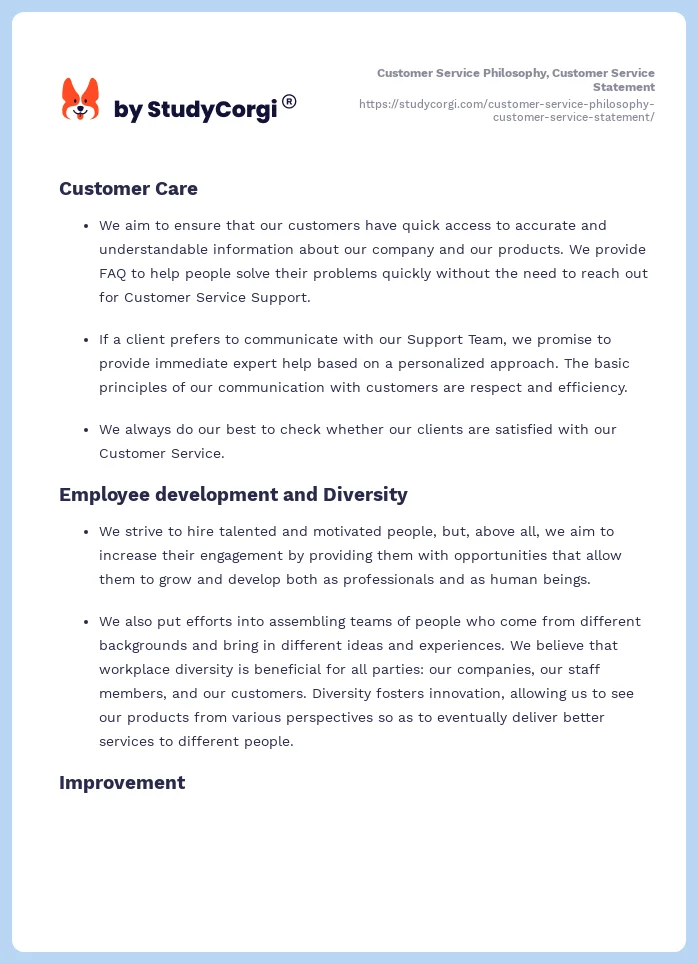 Customer Service Philosophy, Customer Service Statement. Page 2