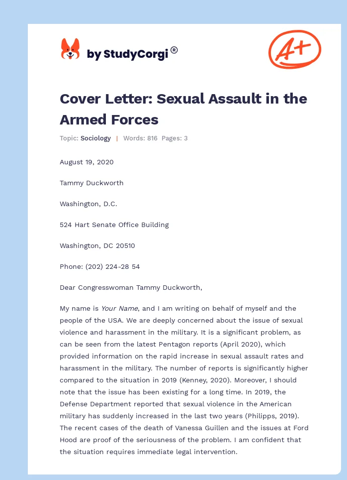 Cover Letter: Sexual Assault in the Armed Forces. Page 1