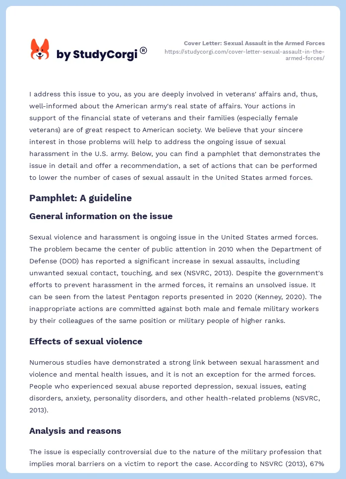 Cover Letter: Sexual Assault in the Armed Forces. Page 2