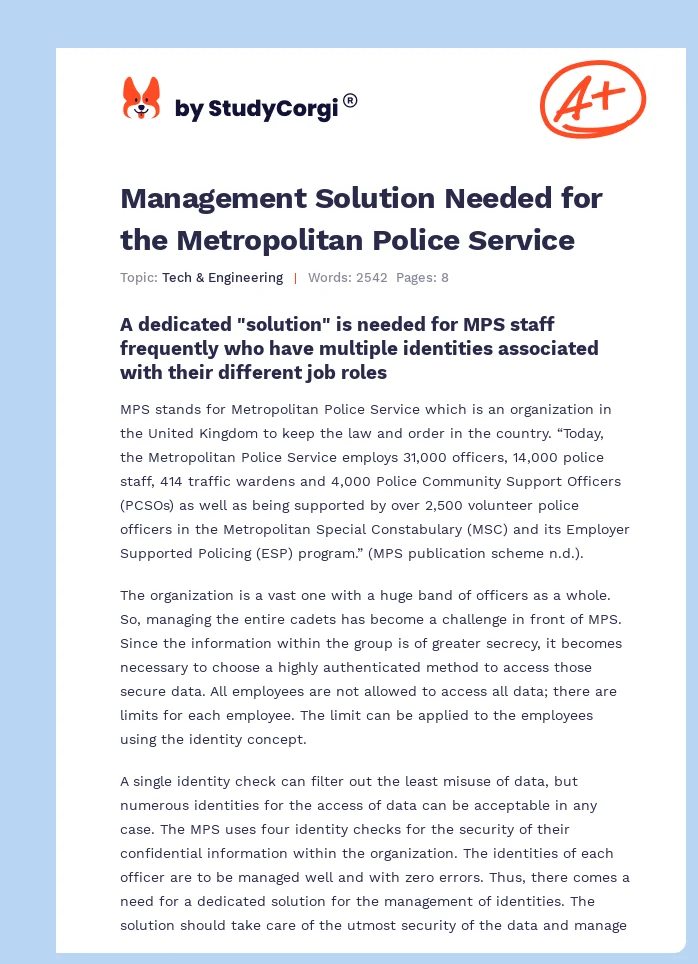 Management Solution Needed for the Metropolitan Police Service. Page 1