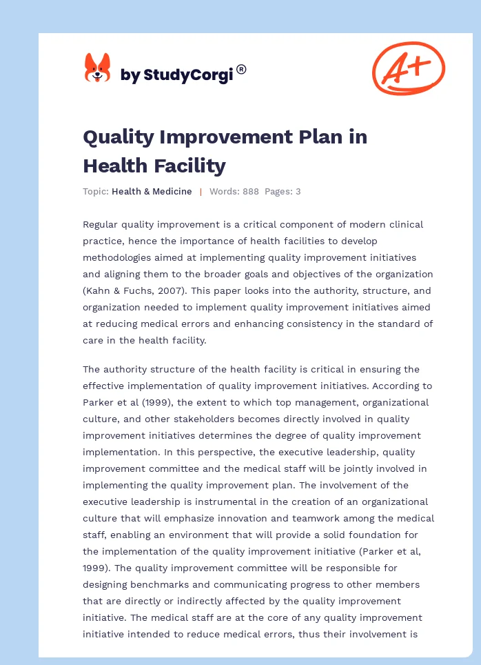Quality Improvement Plan in Health Facility. Page 1