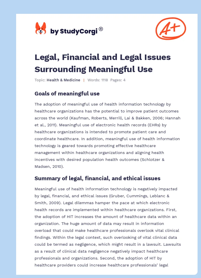 Legal, Financial and Legal Issues Surrounding Meaningful Use. Page 1