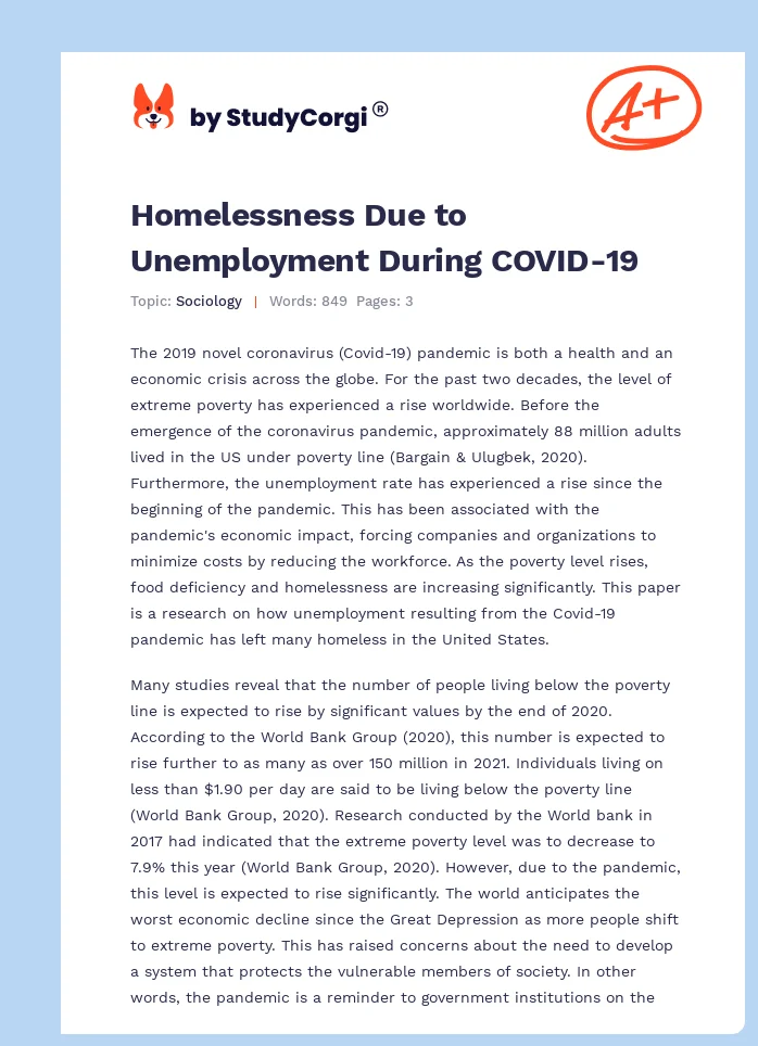 Homelessness Due to Unemployment During COVID-19. Page 1