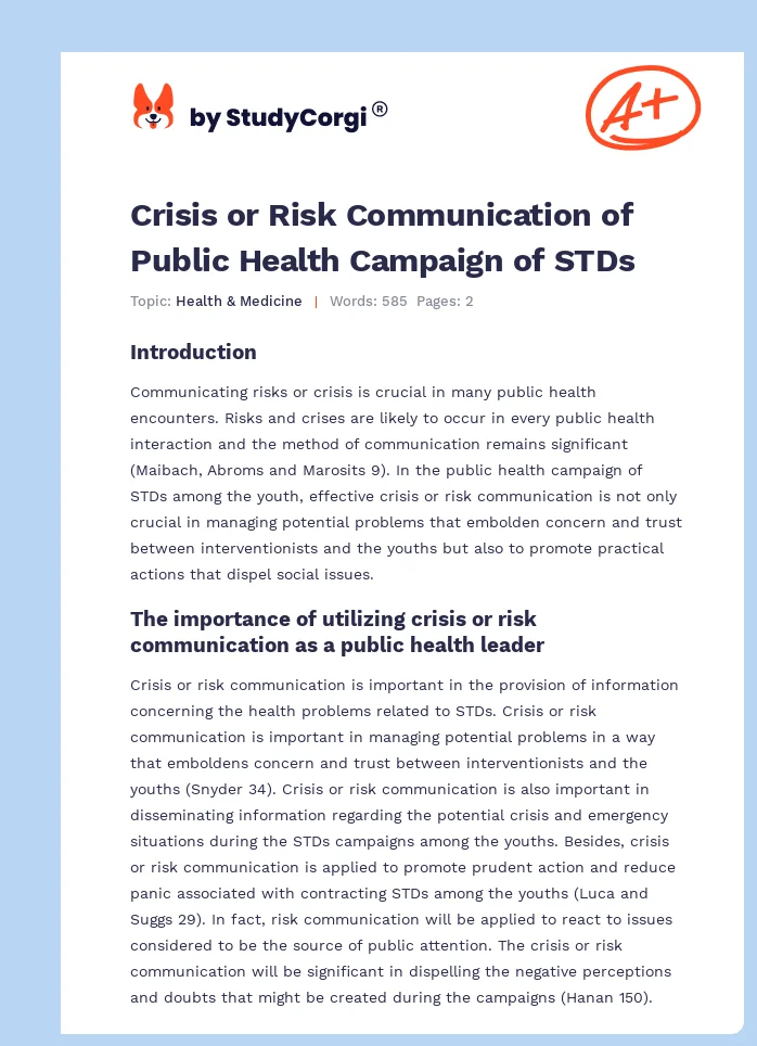 Crisis or Risk Communication of Public Health Campaign of STDs. Page 1