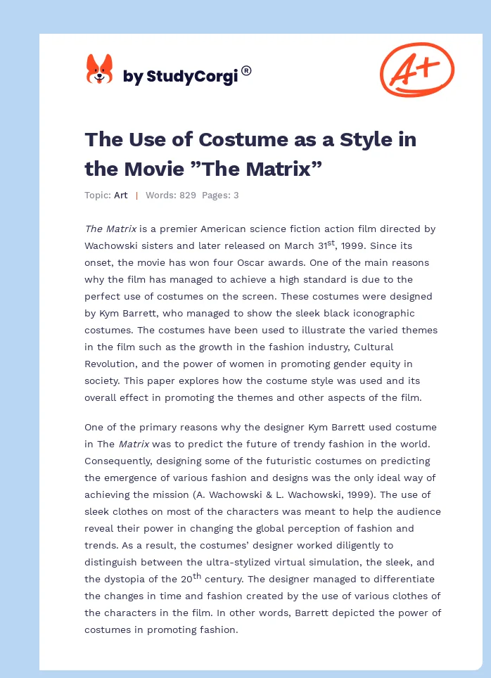 The Use of Costume as a Style in the Movie ”The Matrix”. Page 1