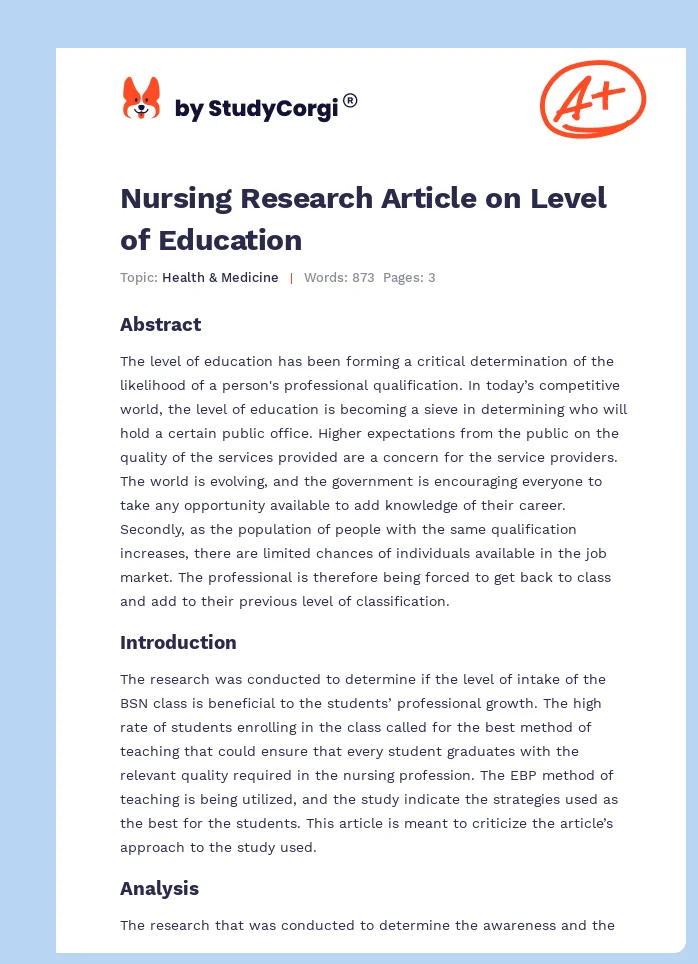 Nursing Research Article on Level of Education. Page 1