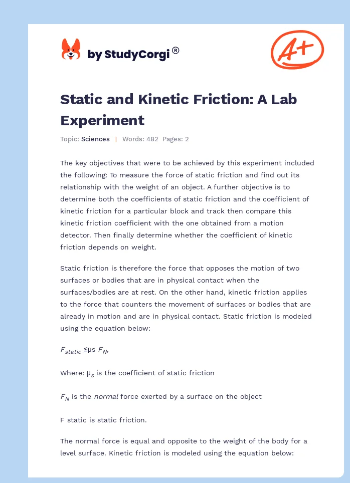 Static and Kinetic Friction: A Lab Experiment. Page 1