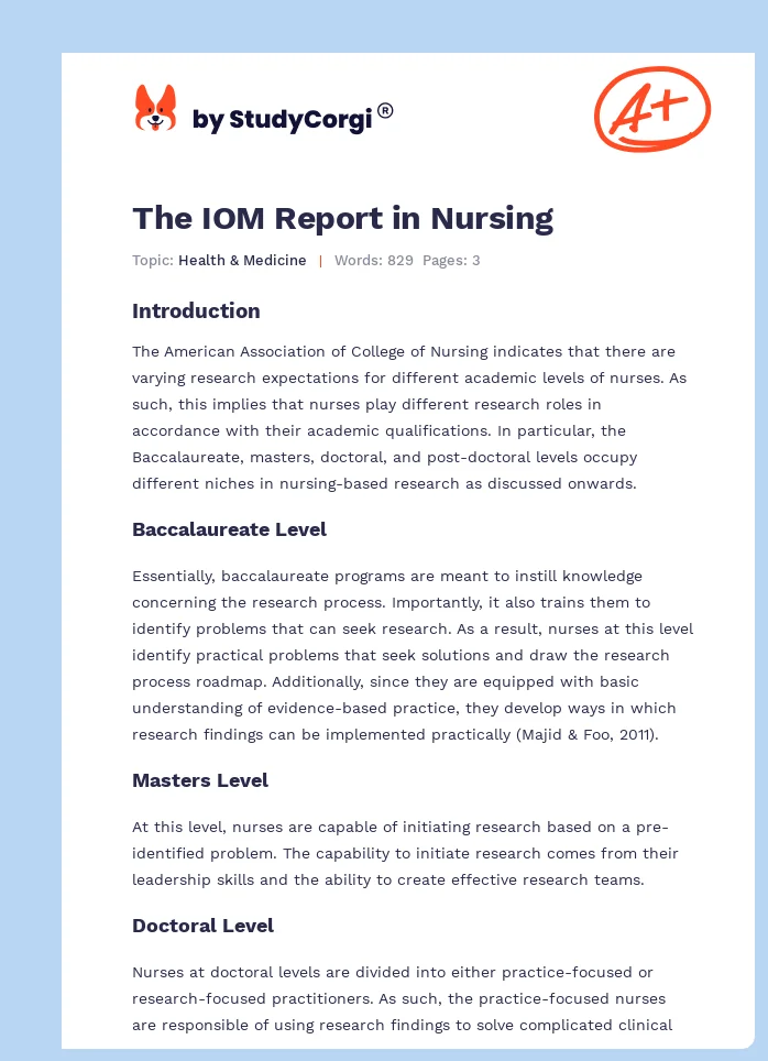 The IOM Report in Nursing. Page 1