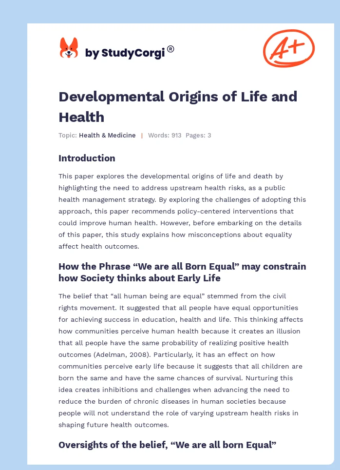 Developmental Origins of Life and Health. Page 1