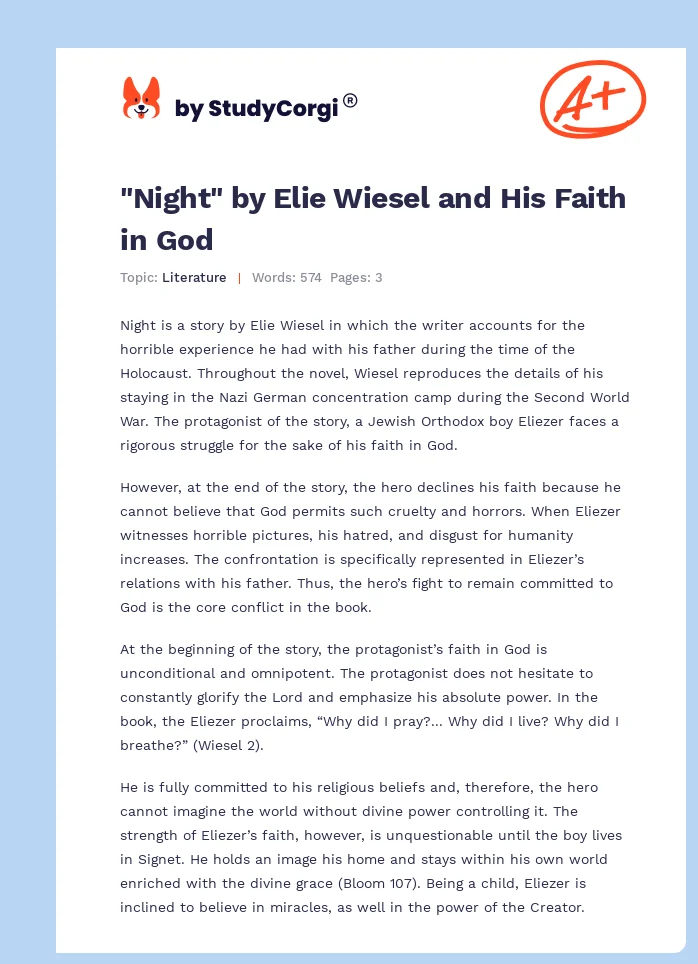 "Night" by Elie Wiesel and His Faith in God. Page 1