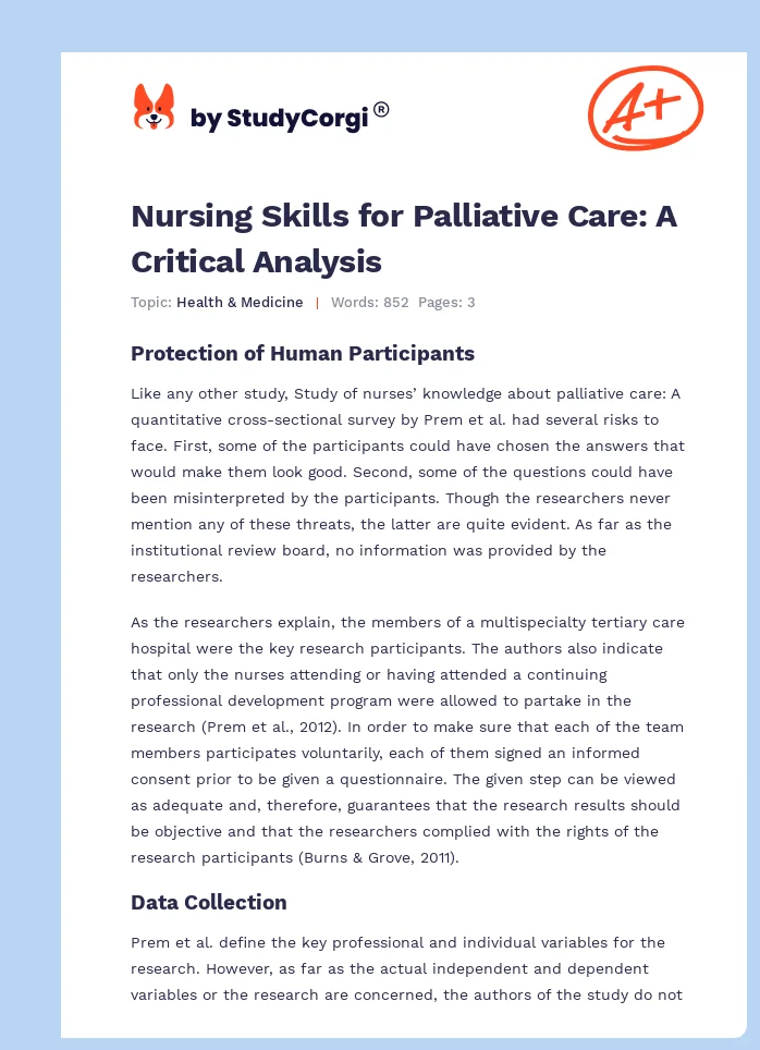 Nursing Skills for Palliative Care: A Critical Analysis. Page 1