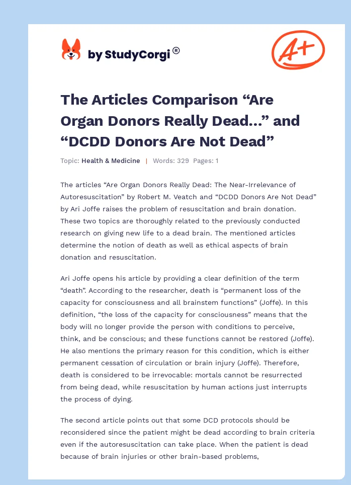 The Articles Comparison “Are Organ Donors Really Dead…” and “DCDD Donors Are Not Dead”. Page 1