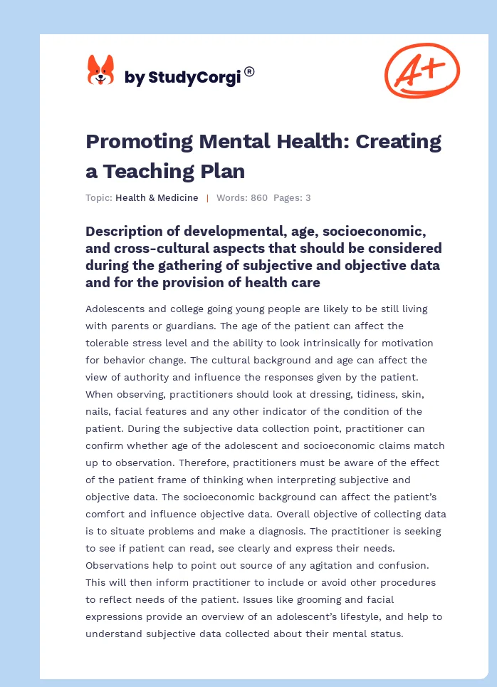 Promoting Mental Health: Creating a Teaching Plan. Page 1