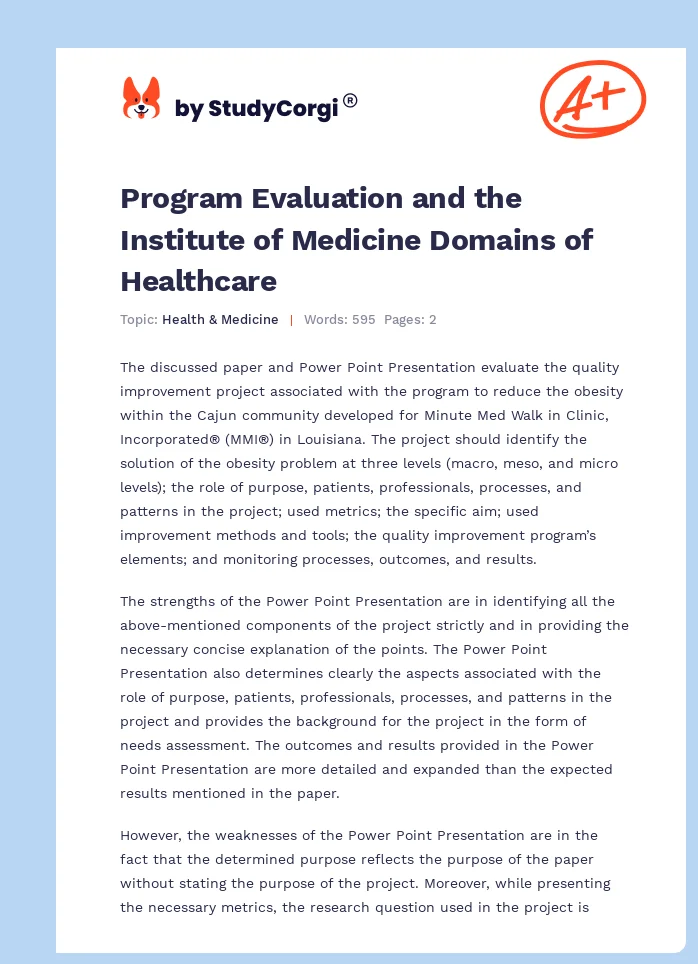 Program Evaluation and the Institute of Medicine Domains of Healthcare. Page 1