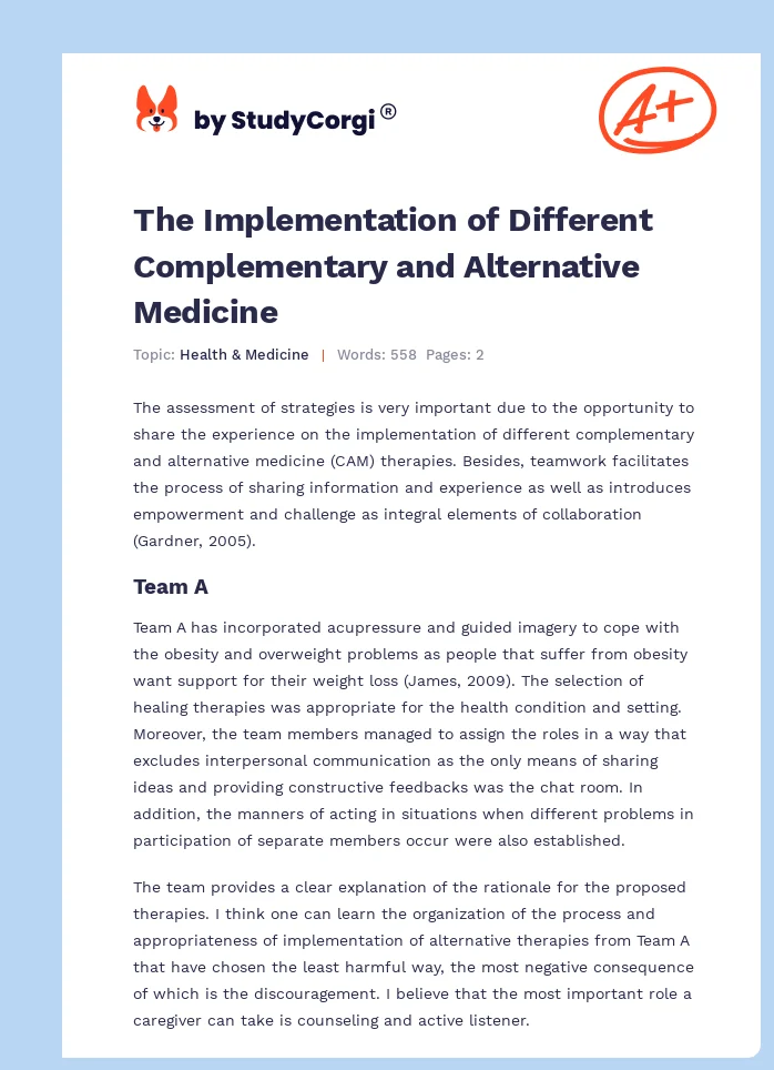The Implementation of Different Complementary and Alternative Medicine. Page 1